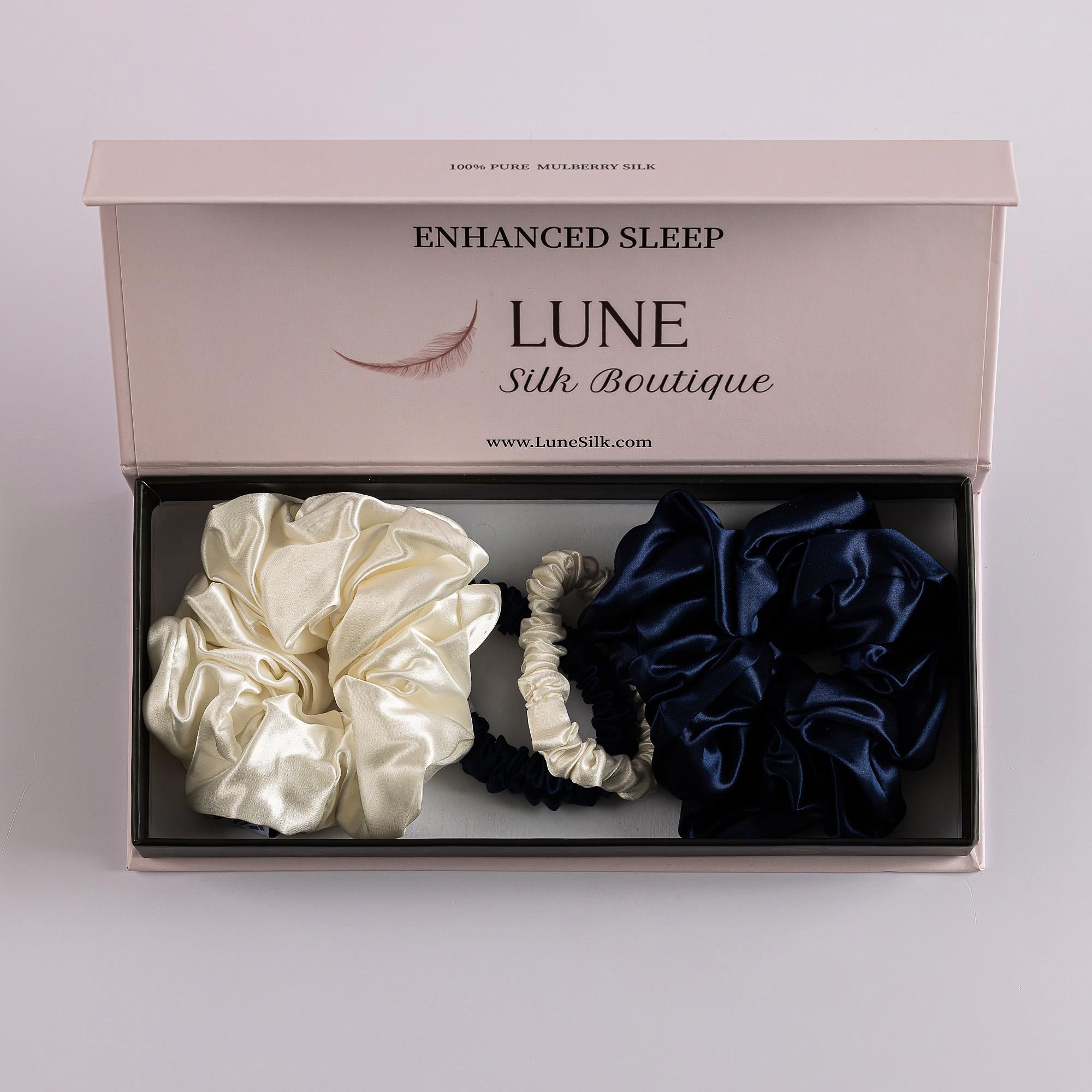 Silk Pillow Case and Box of Scrunchies Bundle